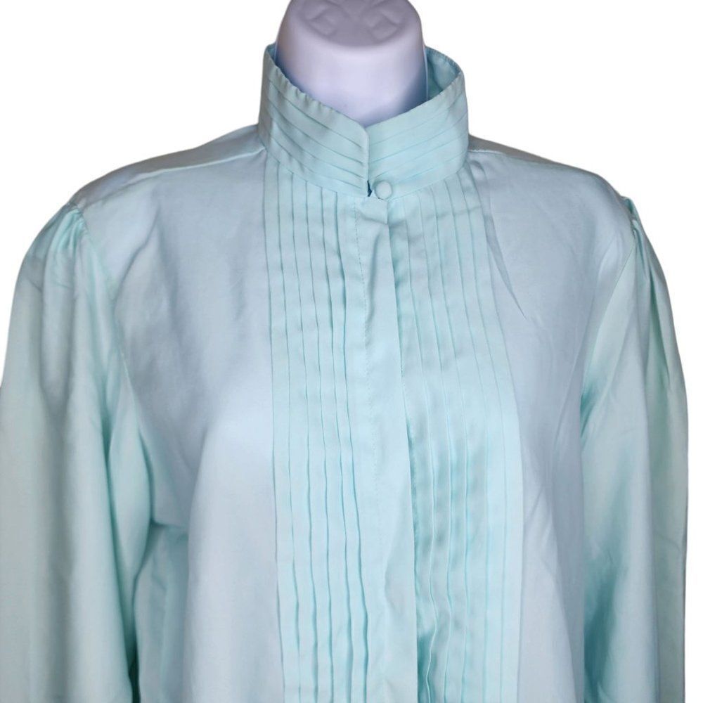 Vintage 80s High Collar Blouse Shirt Womens Size L Mint Green Secretary Academia